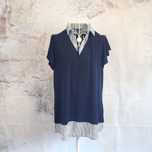 Adiranna Papell Navy Blue Layered Look Women's Top Size M